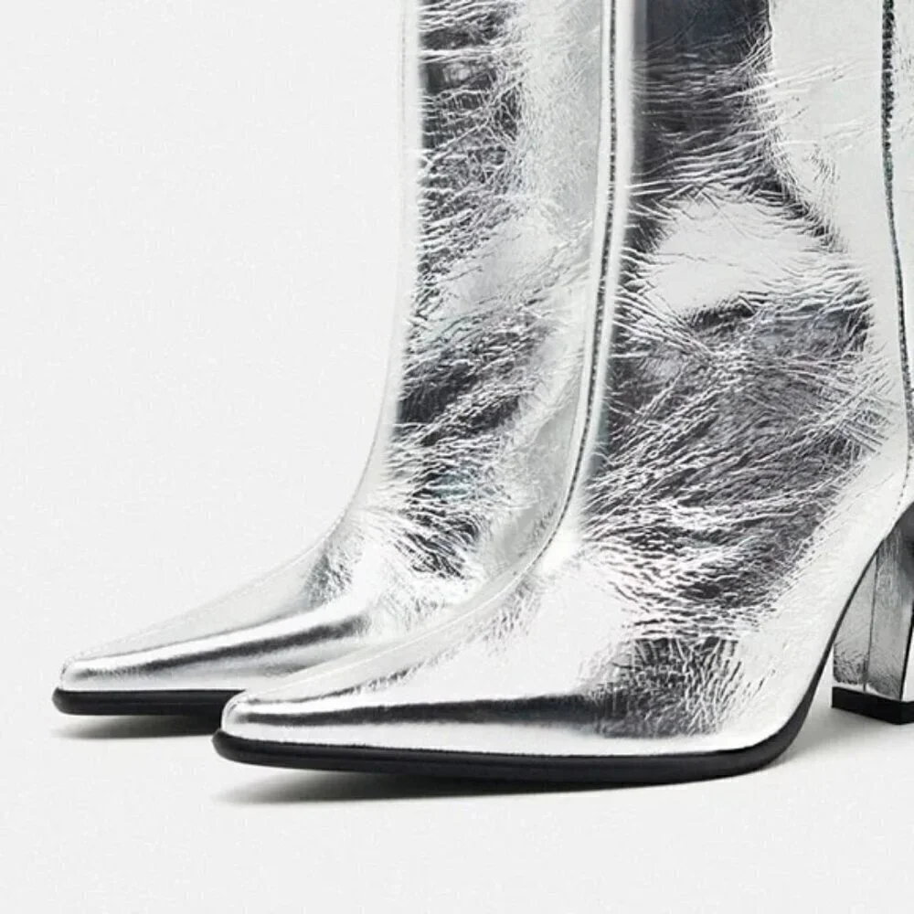 ZARA 100% LEATHER METALLIC HEELED KNEE HIGH BOOTS - Picture 4 of 13